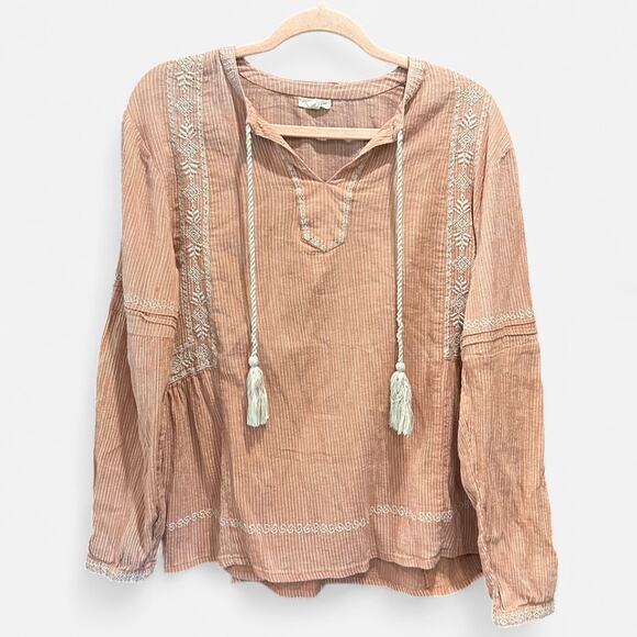 Garnet Hill Boho Coastal Orange Cream Pinstripe Embroidered Tassel Tunic Top - Picture 2 of 8
